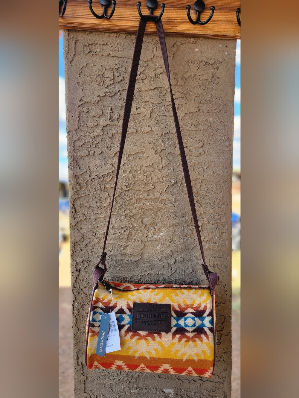 Pendleton Leather-Trim Wool Blanket - Multi-Color Aztec Western Style. - Picture 8 of 9